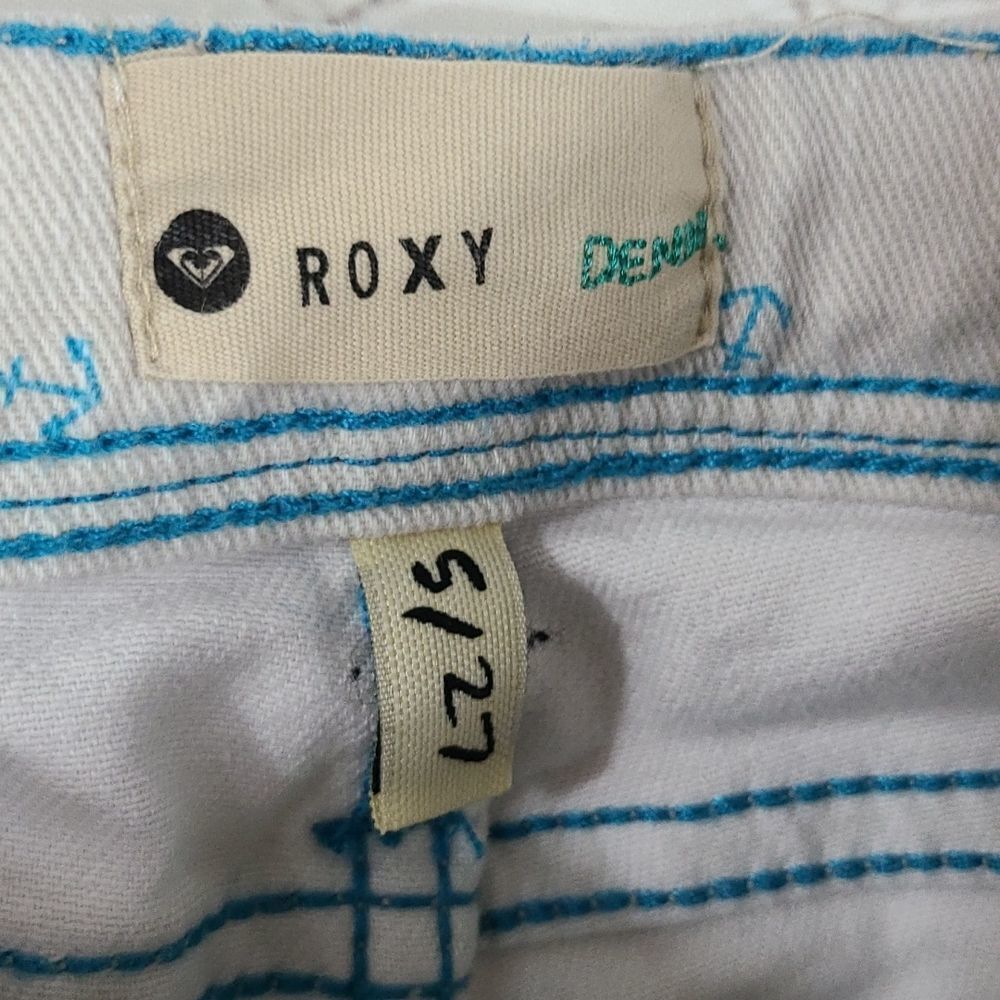 Roxy Anchor Print Denim Cutoff Shorts Gray Turquoise Nautical Shortie 5/27 Surf - Picture 9 of 11